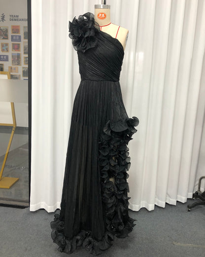 Black One-Shoulder 3D Floral Slit Maxi Dress