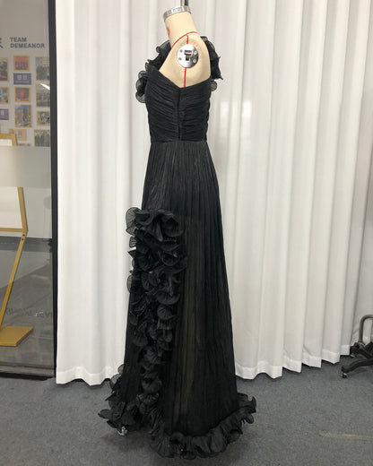 Black One-Shoulder 3D Floral Slit Maxi Dress