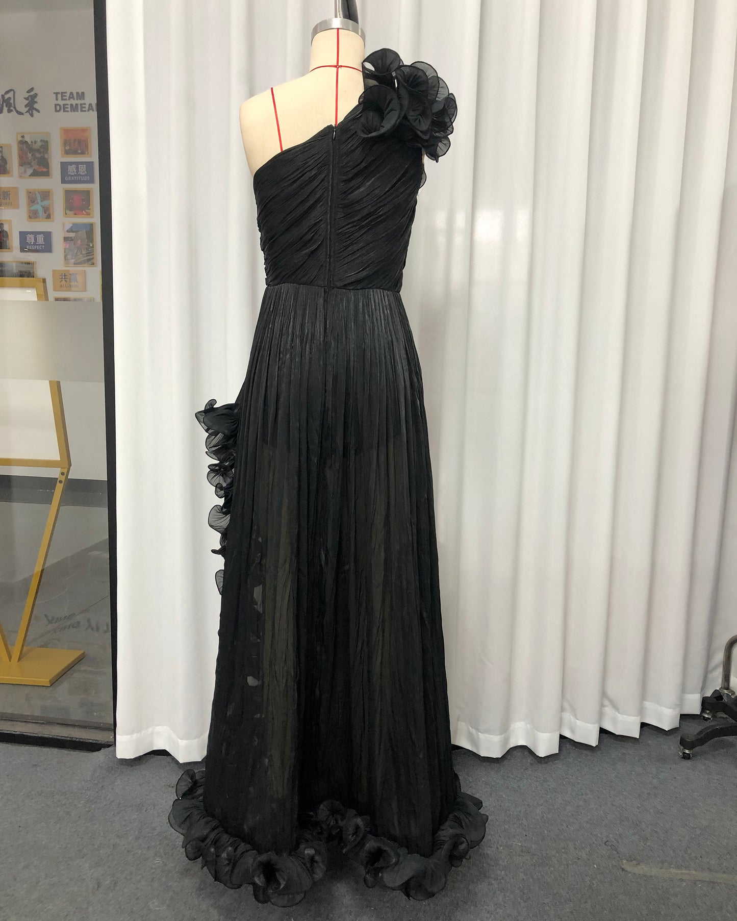 Black One-Shoulder 3D Floral Slit Maxi Dress