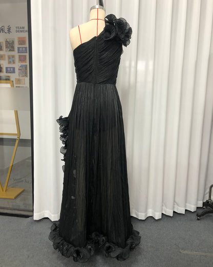 Black One-Shoulder 3D Floral Slit Maxi Dress