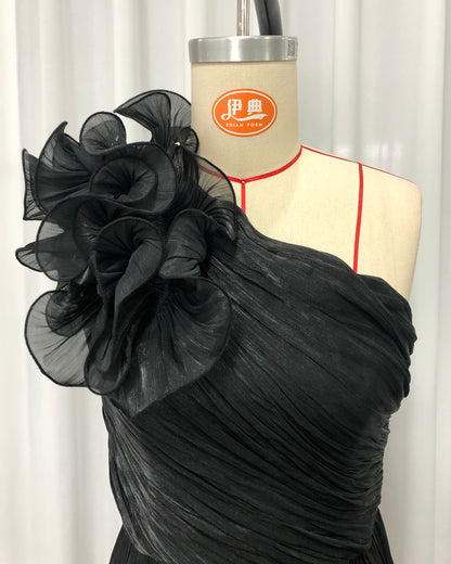 Black One-Shoulder 3D Floral Slit Maxi Dress