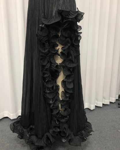 Black One-Shoulder 3D Floral Slit Maxi Dress