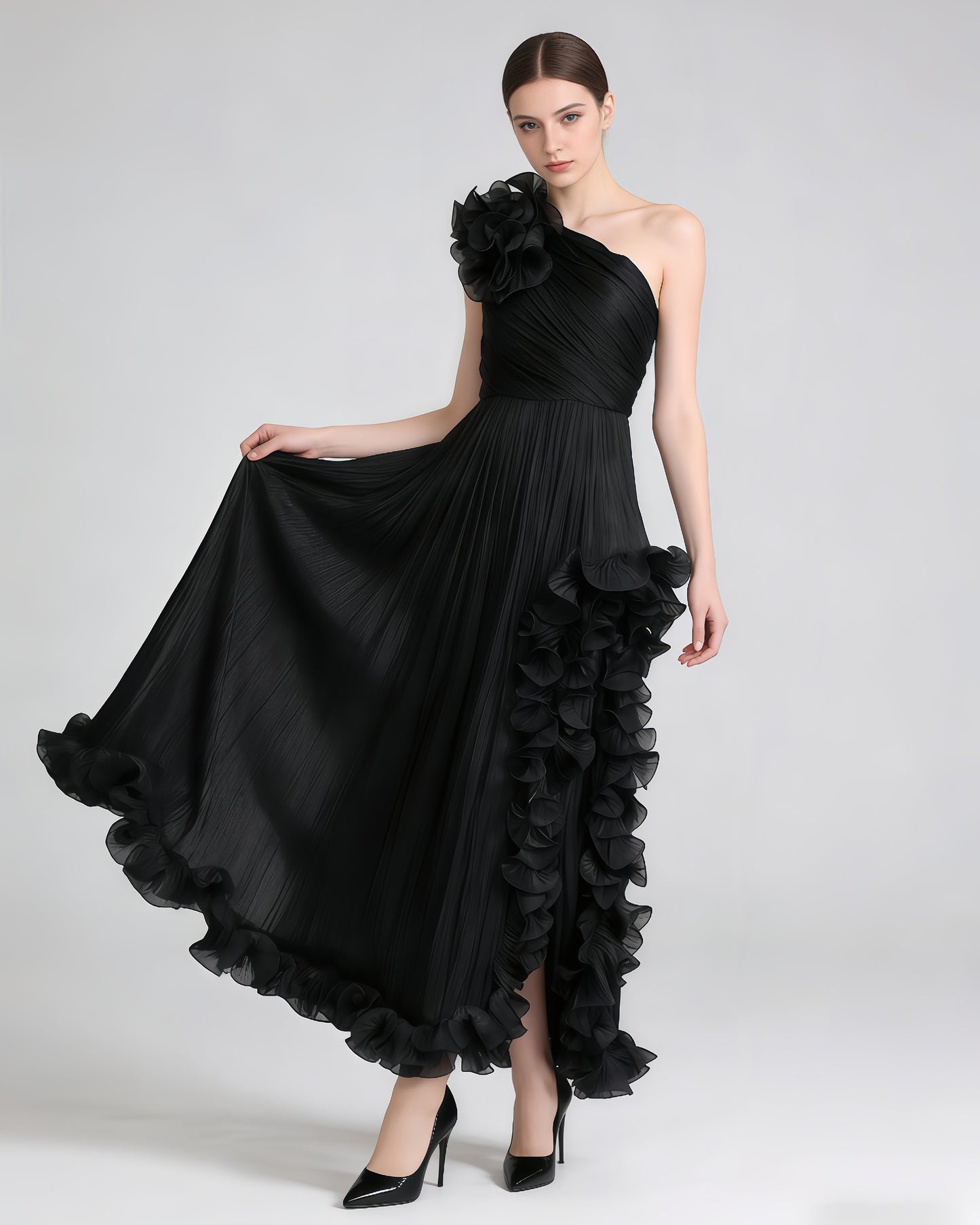 Black One-Shoulder 3D Floral Slit Maxi Dress