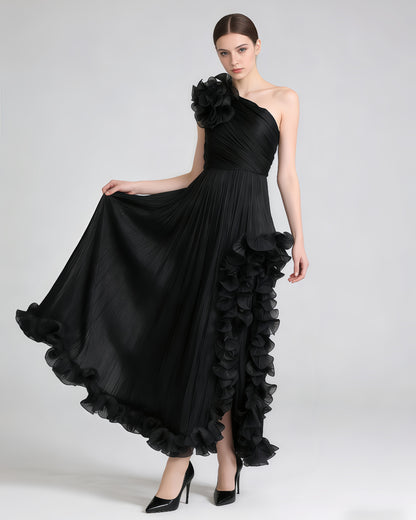 Black One-Shoulder 3D Floral Slit Maxi Dress