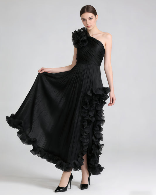 Black One-Shoulder 3D Floral Slit Maxi Dress