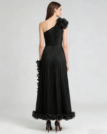 Black One-Shoulder 3D Floral Slit Maxi Dress