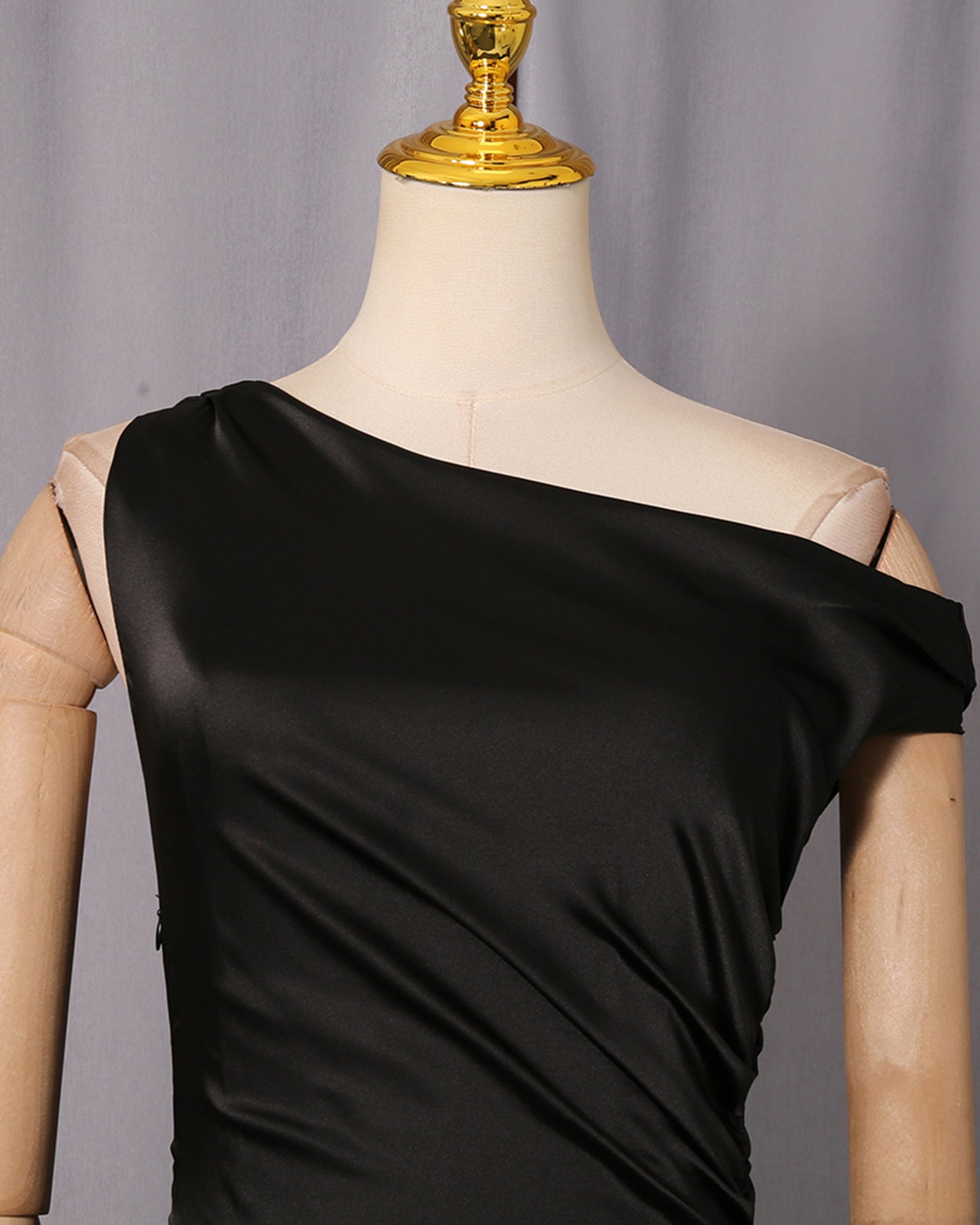 Black One-Shoulder Satin Maxi Dress Lace Trim