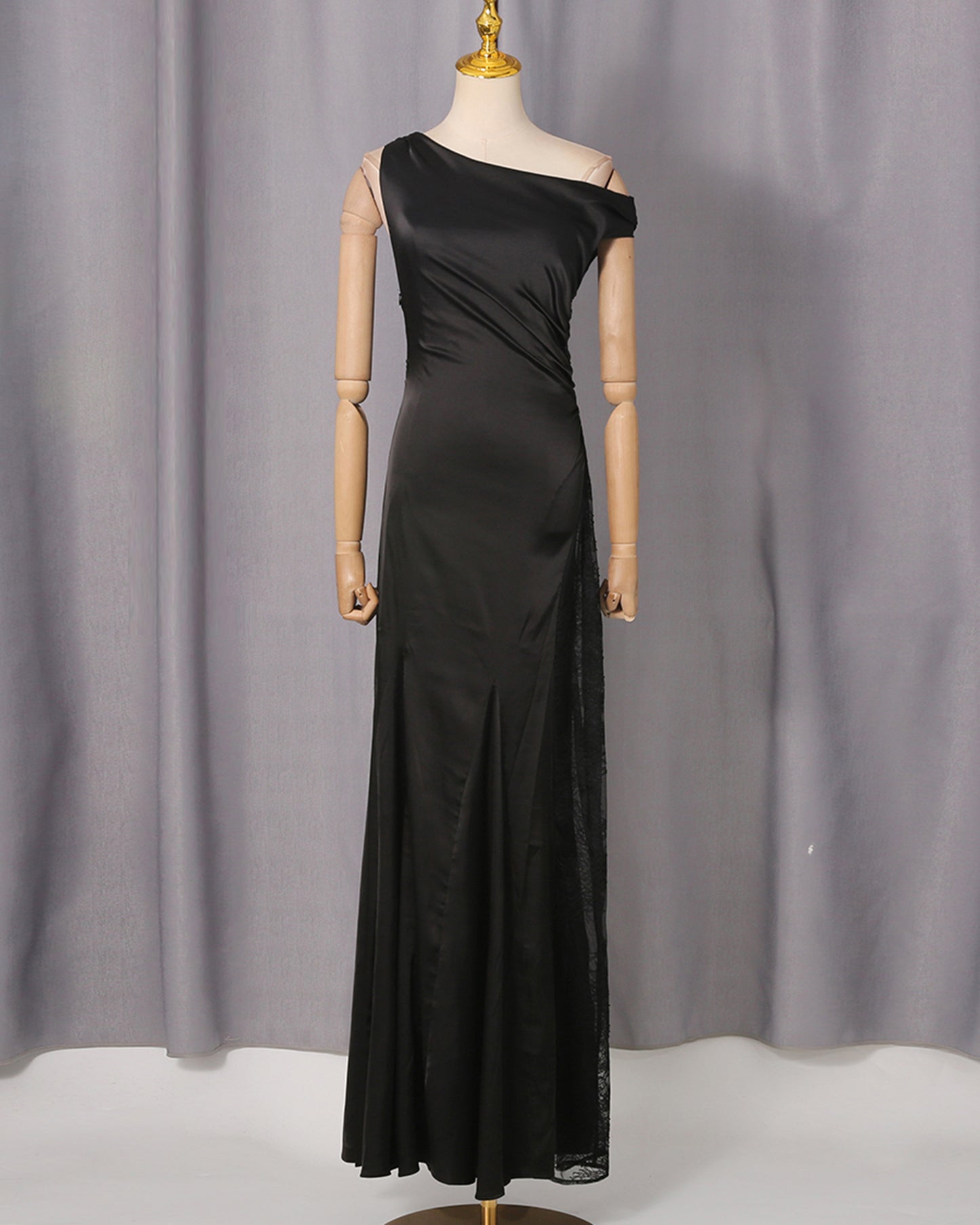 Black One-Shoulder Satin Maxi Dress Lace Trim