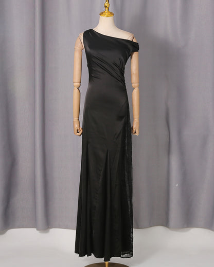 Black One-Shoulder Satin Maxi Dress Lace Trim
