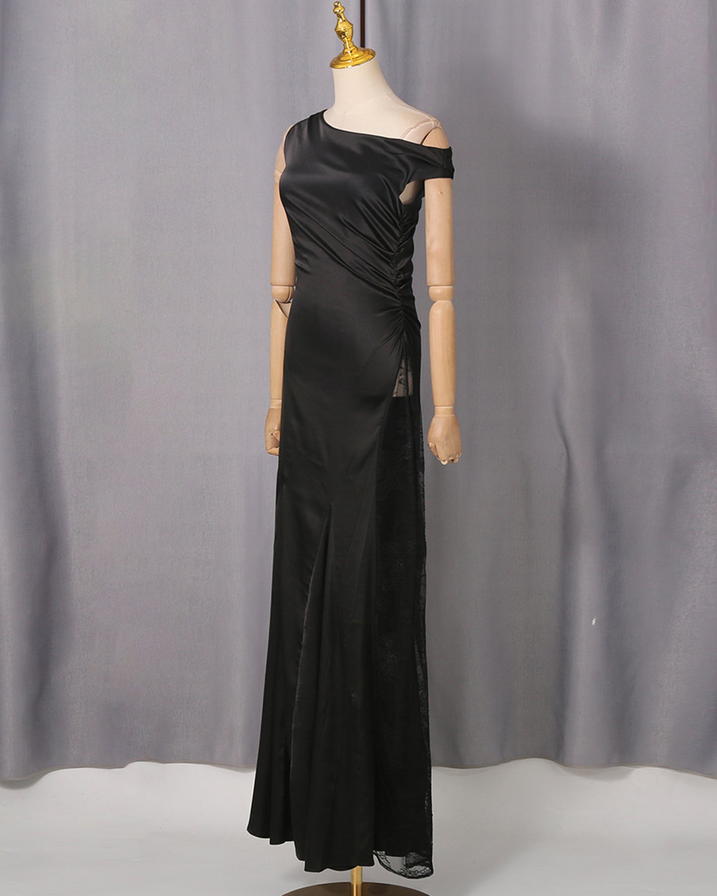 Black One-Shoulder Satin Maxi Dress Lace Trim