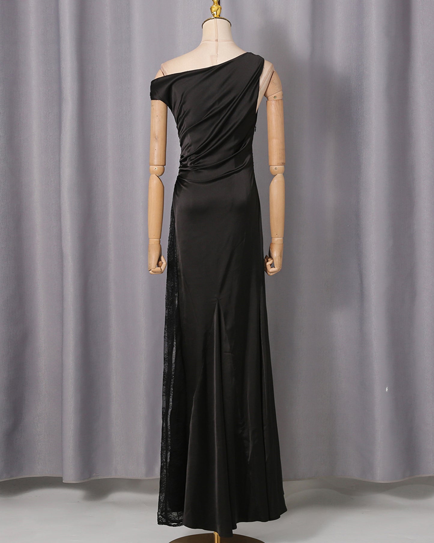 Black One-Shoulder Satin Maxi Dress Lace Trim