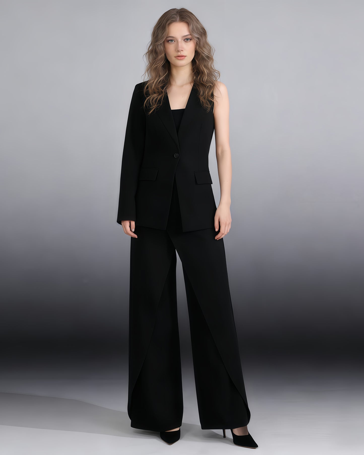 Black One-Sleeve Blazer & Wide-Leg Pants Set