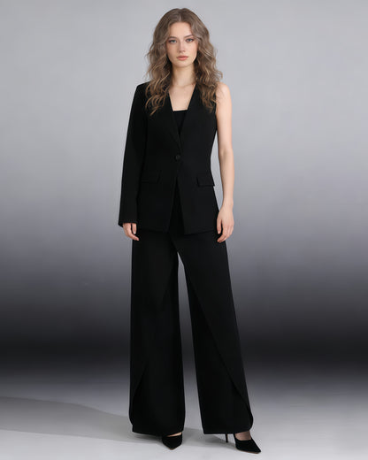 Black One-Sleeve Blazer & Wide-Leg Pants Set