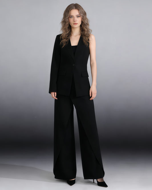 Black One-Sleeve Blazer & Wide-Leg Pants Set
