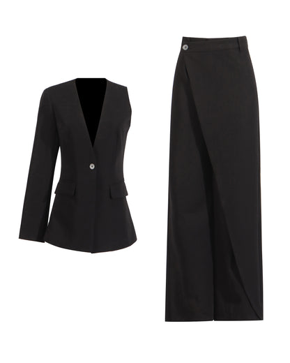 Black One-Sleeve Blazer & Wide-Leg Pants Set