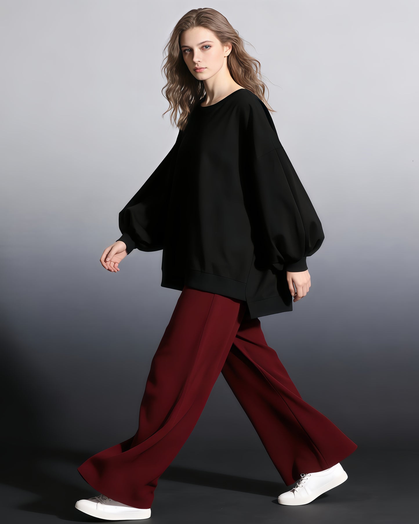 Black Oversized Balloon-Sleeve Crewneck Sweatshirt