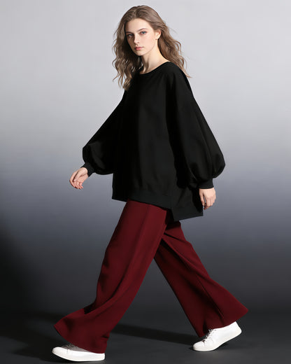 Black Oversized Balloon-Sleeve Crewneck Sweatshirt