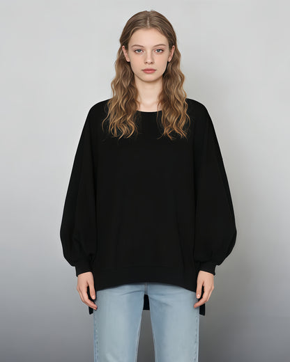 Black Oversized Balloon-Sleeve Crewneck Sweatshirt