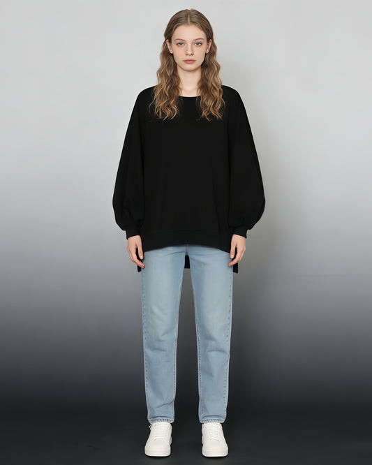 Black Oversized Balloon-Sleeve Crewneck Sweatshirt