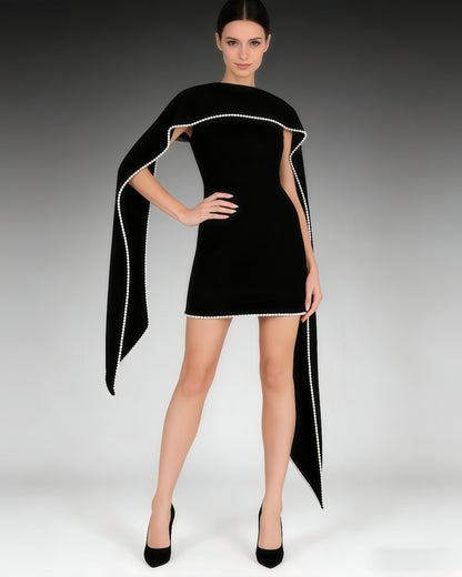 Black Pearl Trim Cape Dress Two-Piece Set