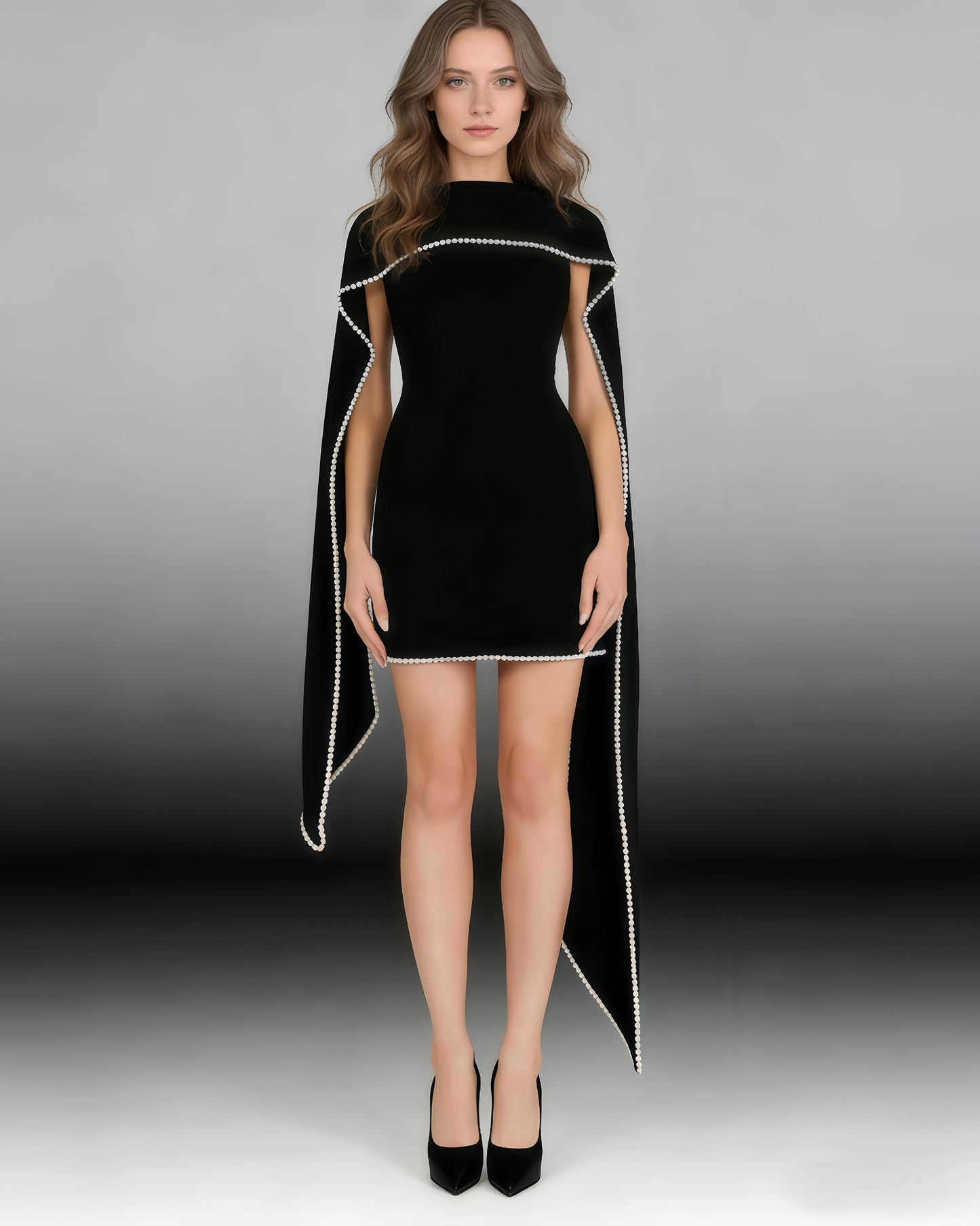 Black Pearl Trim Cape Dress Two-Piece Set