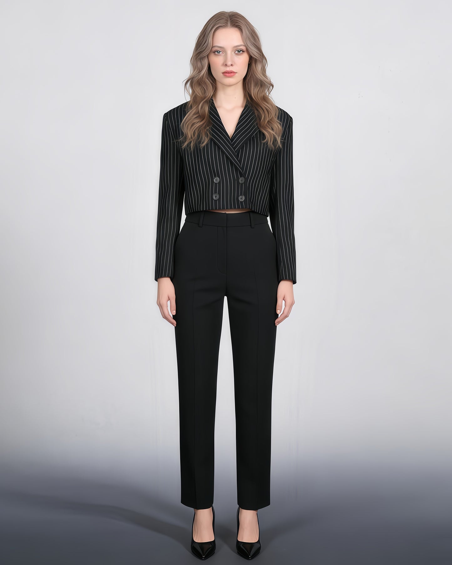 Black Pinstripe Double-Breasted Cropped Blazer
