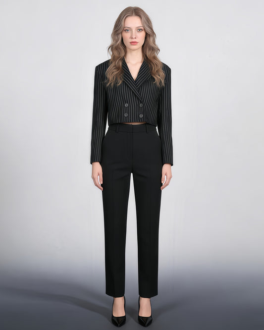 Black Pinstripe Double-Breasted Cropped Blazer