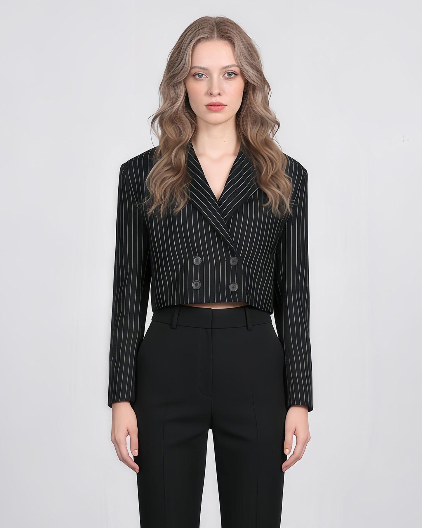 Black Pinstripe Double-Breasted Cropped Blazer