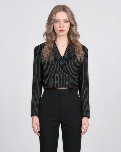 Black Pinstripe Double-Breasted Cropped Blazer