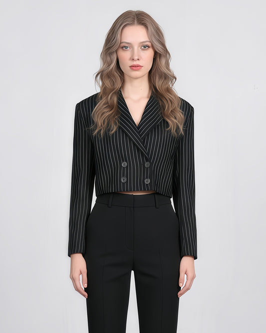 Black Pinstripe Double-Breasted Cropped Blazer