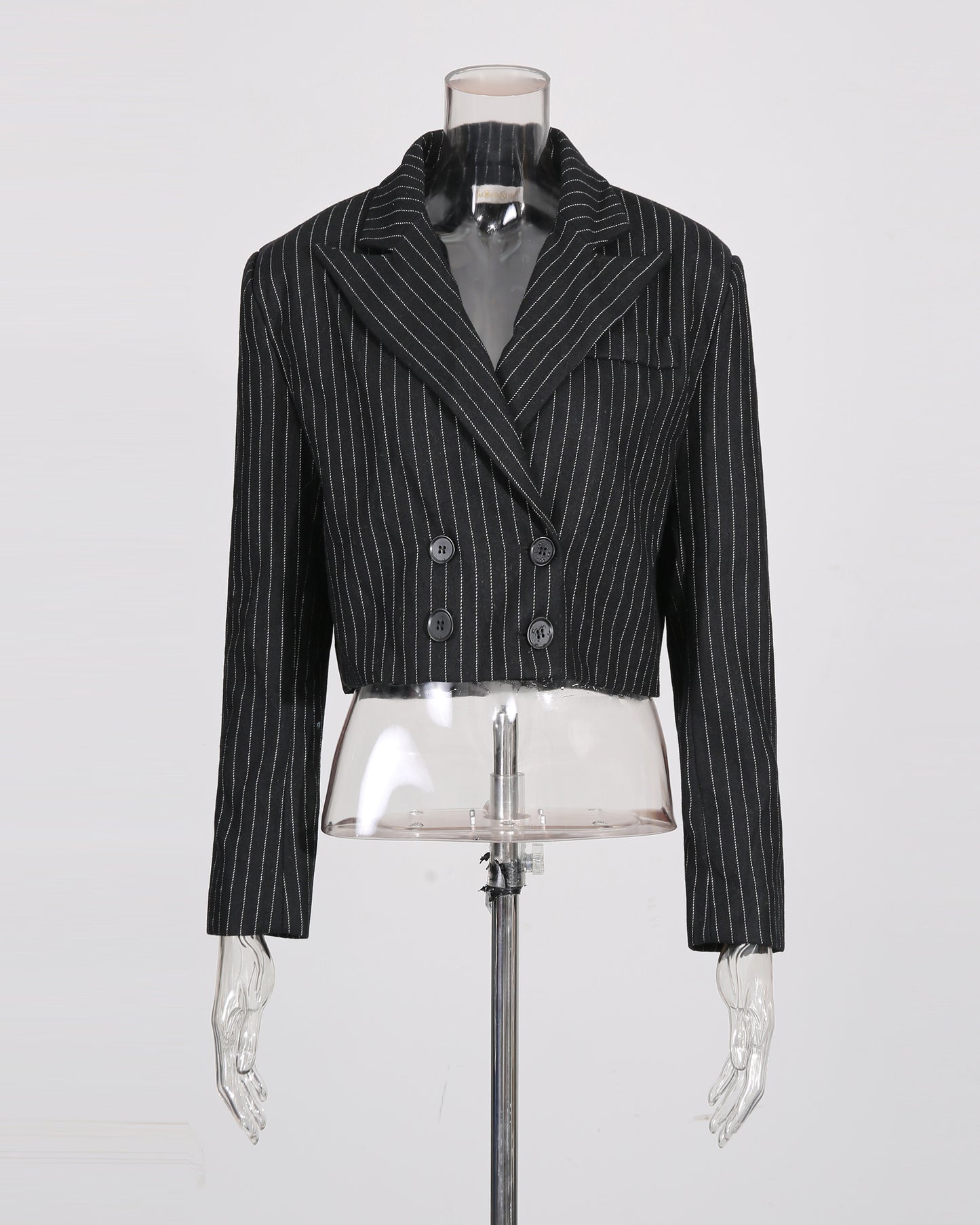 Black Pinstripe Double-Breasted Cropped Blazer