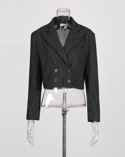 Black Pinstripe Double-Breasted Cropped Blazer