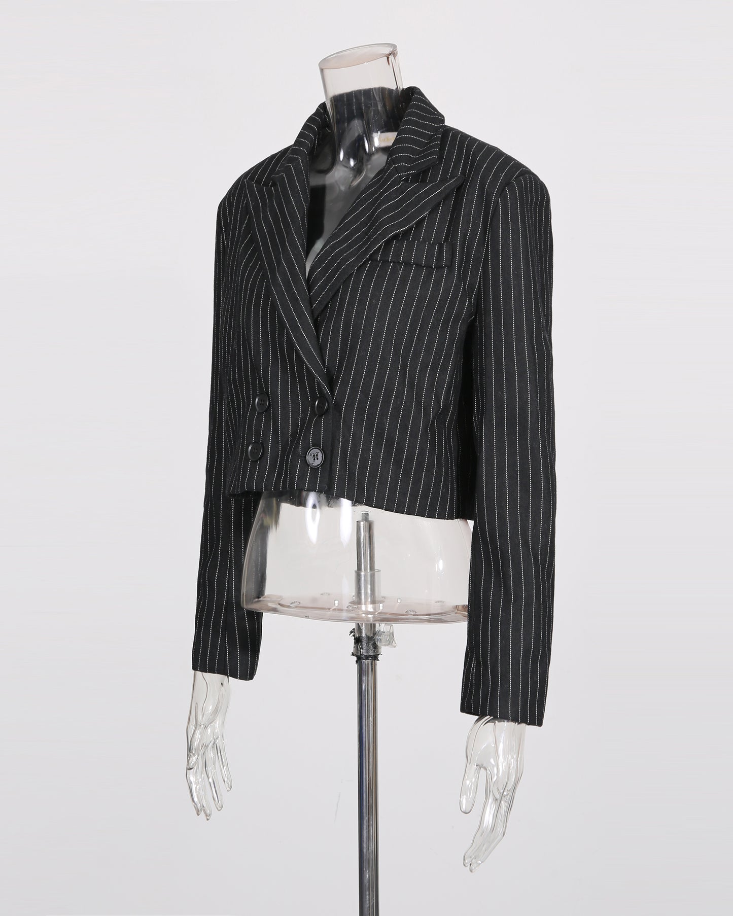 Black Pinstripe Double-Breasted Cropped Blazer