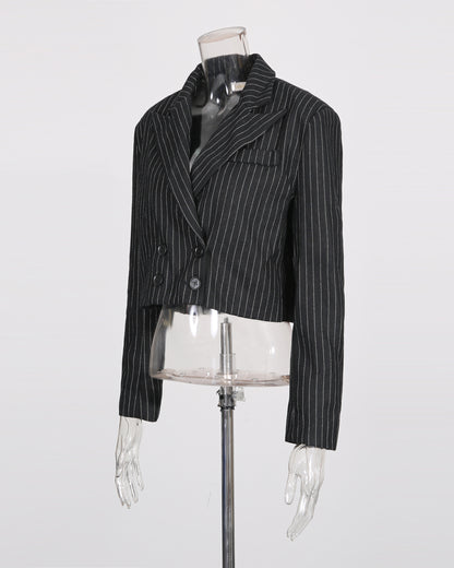 Black Pinstripe Double-Breasted Cropped Blazer