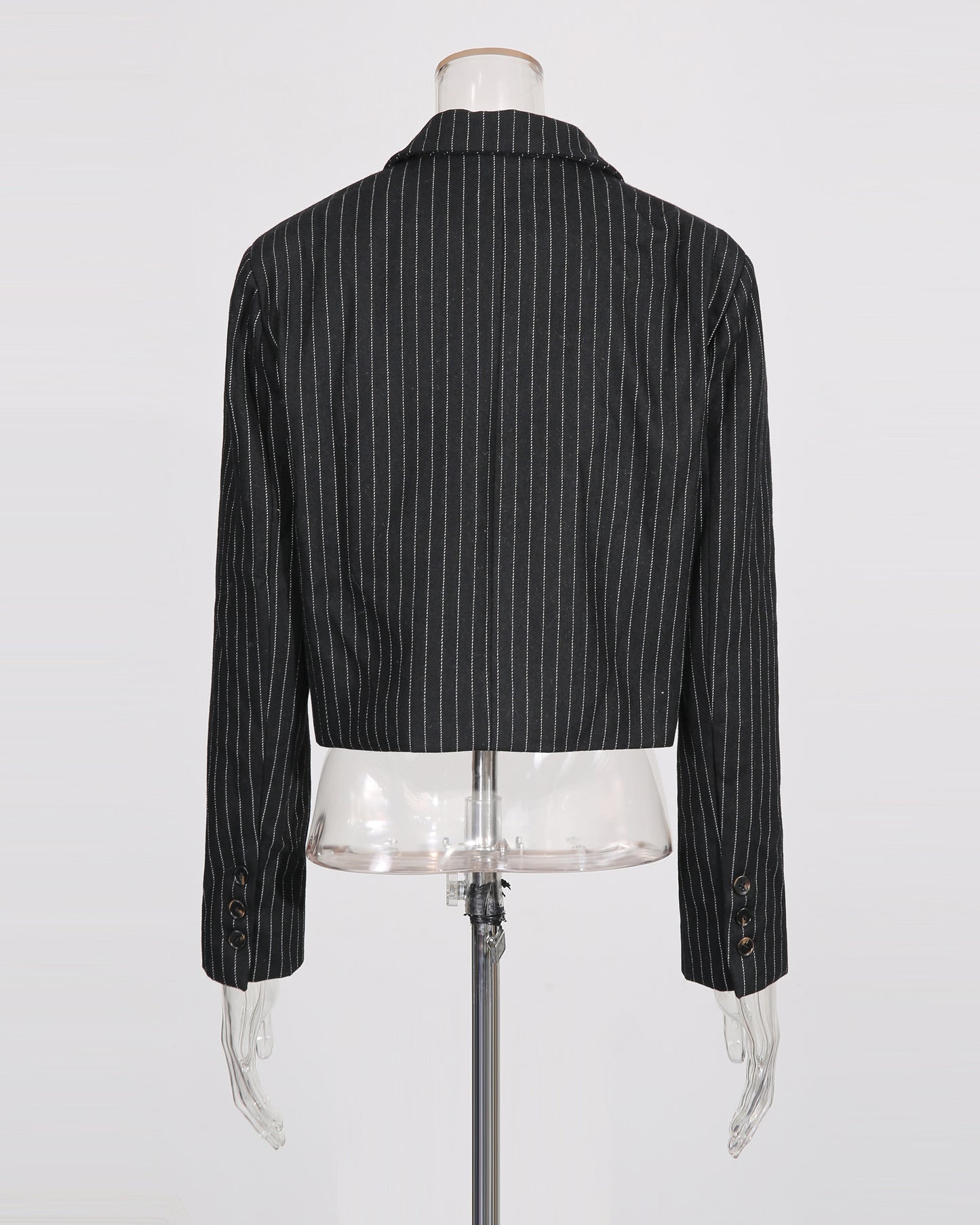 Black Pinstripe Double-Breasted Cropped Blazer