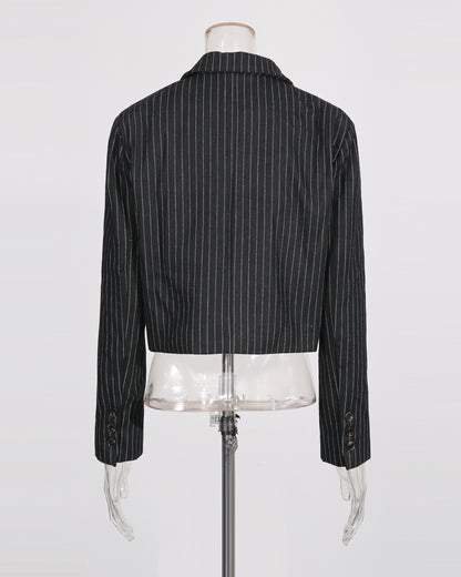 Black Pinstripe Double-Breasted Cropped Blazer