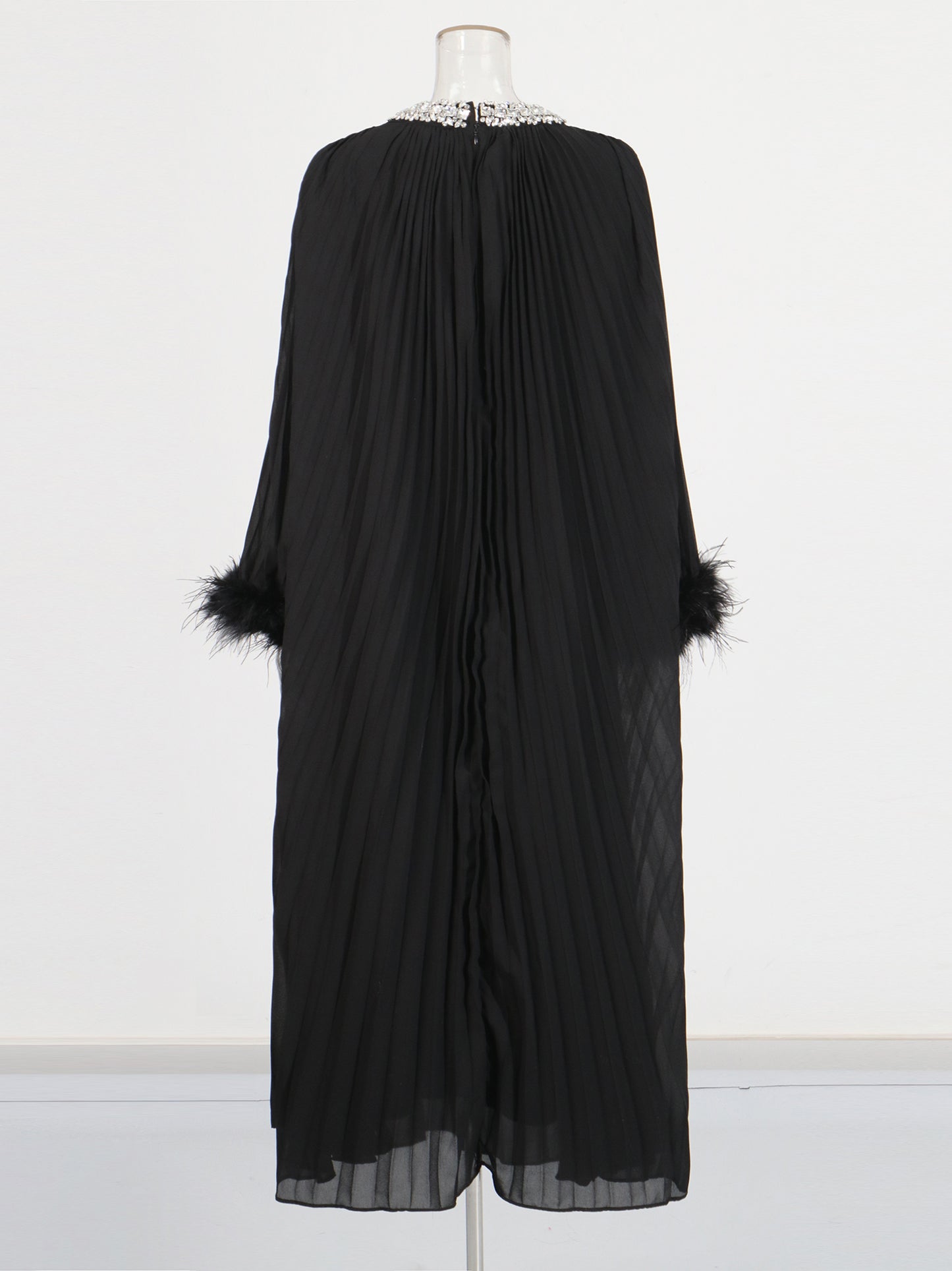 Black Pleated Maxi Dress with Crystal & Feather Details