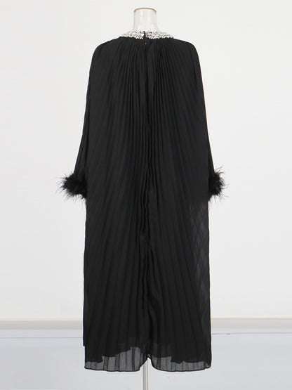 Black Pleated Maxi Dress with Crystal & Feather Details