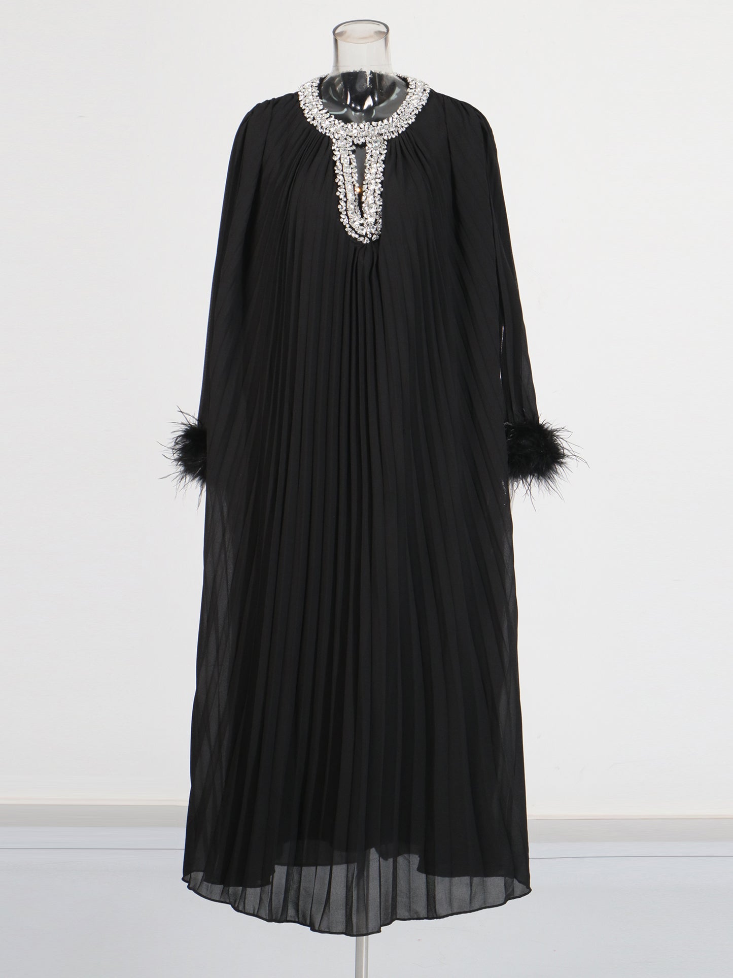 Black Pleated Maxi Dress with Crystal & Feather Details
