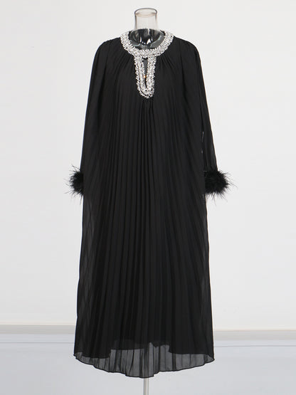 Black Pleated Maxi Dress with Crystal & Feather Details