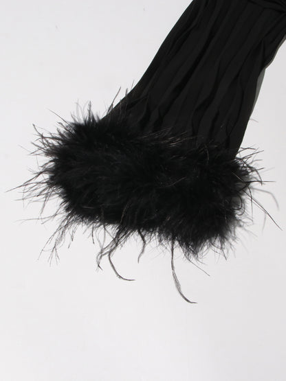 Black Pleated Maxi Dress with Crystal & Feather Details