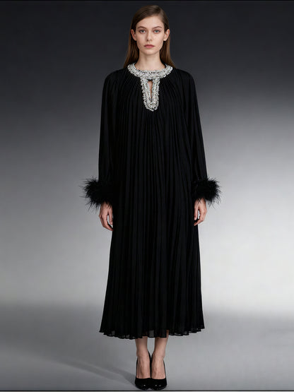 Black Pleated Maxi Dress with Crystal & Feather Details