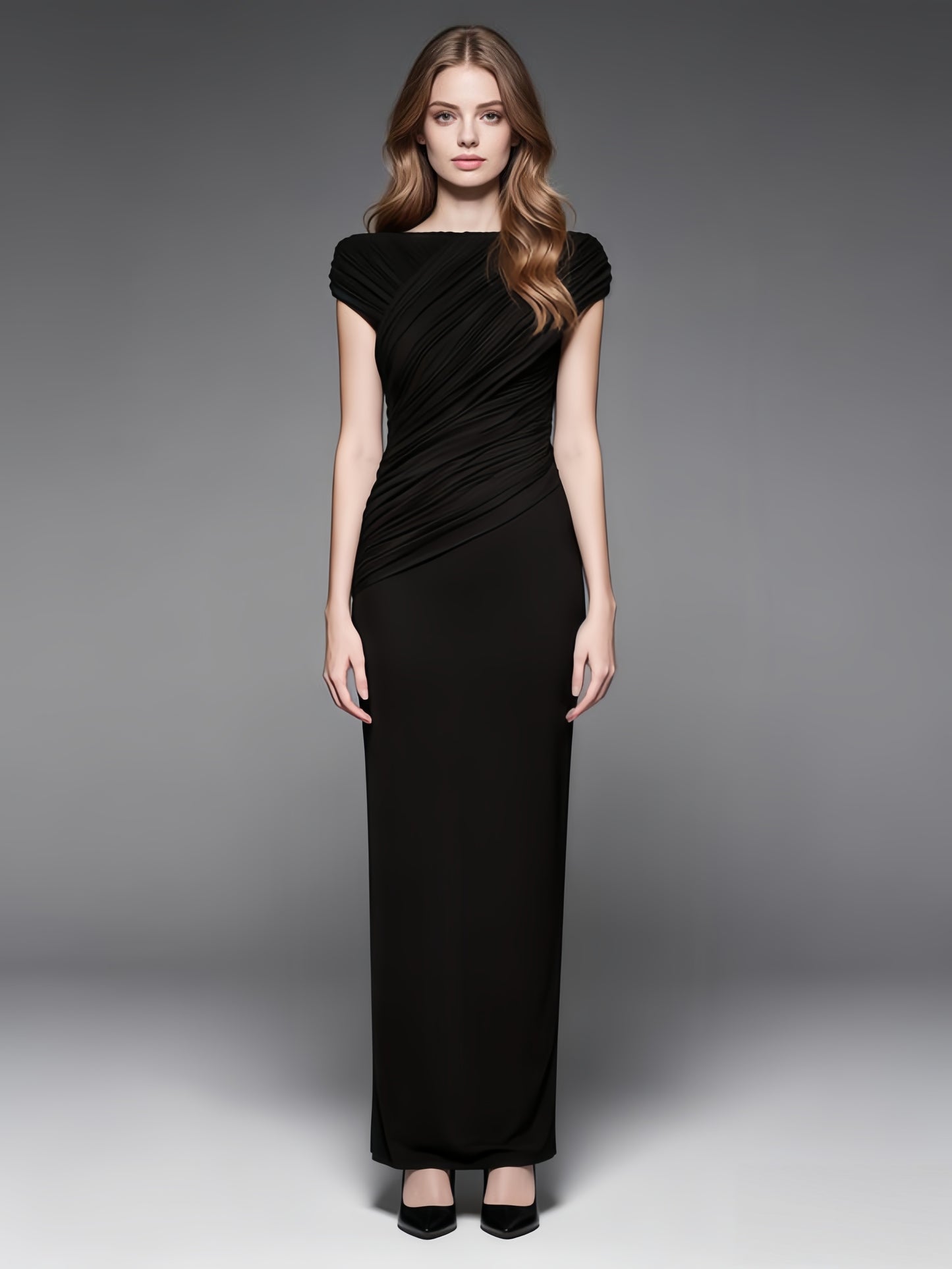 Black Pleated One-Shoulder Mermaid Evening Gown