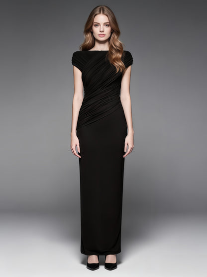 Black Pleated One-Shoulder Mermaid Evening Gown