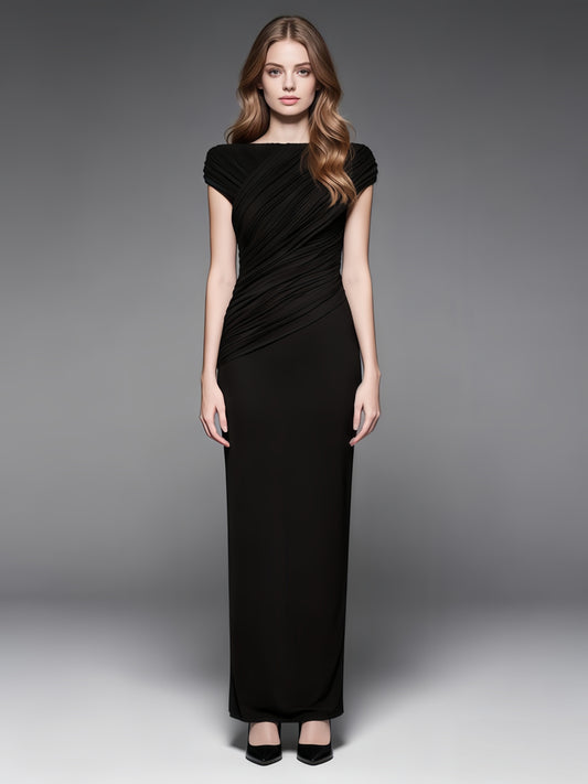 Black Pleated One-Shoulder Mermaid Evening Gown