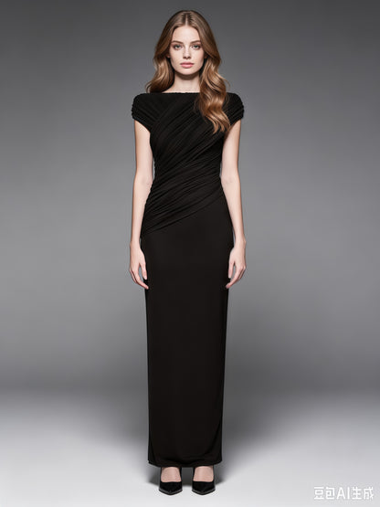 Black Pleated One-Shoulder Mermaid Evening Gown