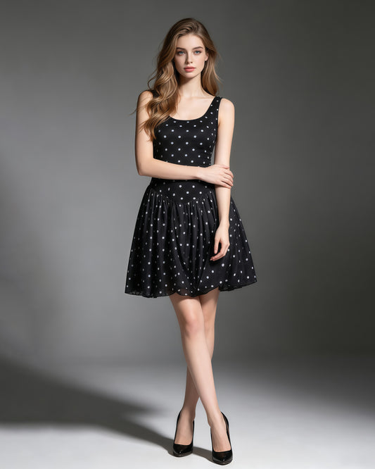 Black Polka Dot Sleeveless Ruched Bubble Hem Mini Dress