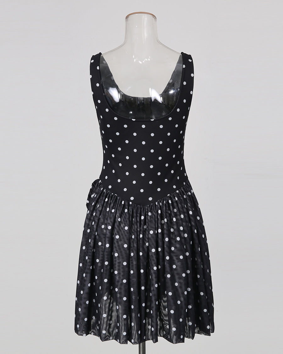 Black Polka Dot Sleeveless Ruched Bubble Hem Mini Dress