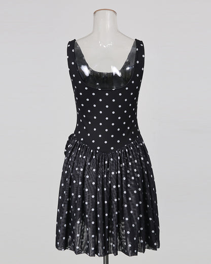 Black Polka Dot Sleeveless Ruched Bubble Hem Mini Dress