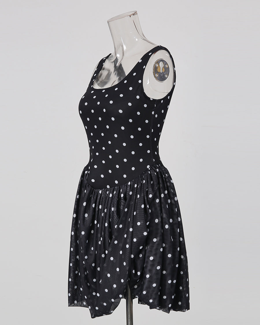 Black Polka Dot Sleeveless Ruched Bubble Hem Mini Dress